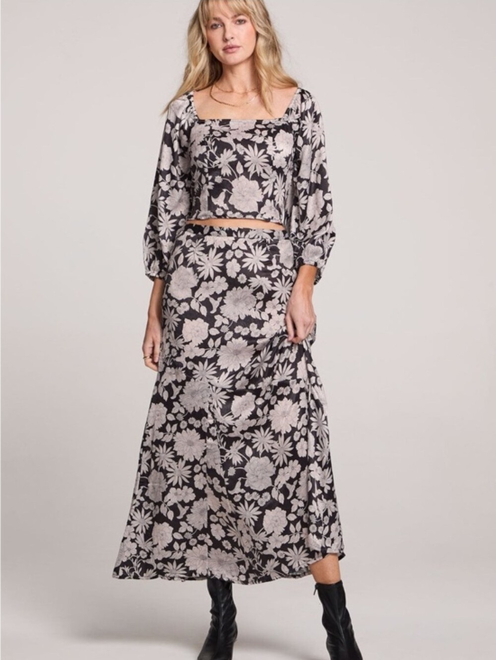 Anthro Saltwater Luxe Aisle Midi‎ Skirt Floral Black Cream Boho Flowy Small